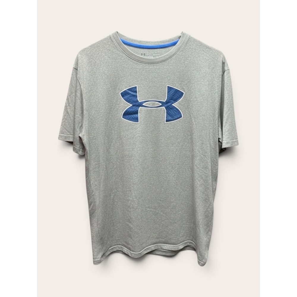 Under Armour HeatGear Mens Large Gray Blue Big Logo Short Sleeve T-Shirt LG
